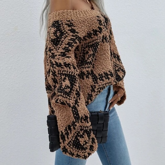 SOLD OUT Tan & Black Aztec Popcorn Textured Long Sleeve Knit Casual Sweater - Picture 3 of 3